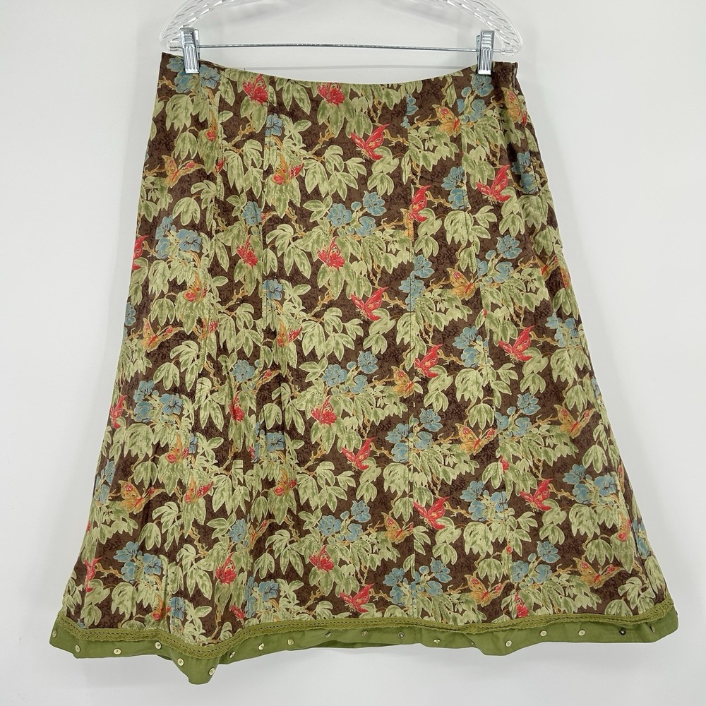 Vintage Whimsy Garden Midi Skirt Womens 12 Preppy Cottage Cotton Crochet Trim